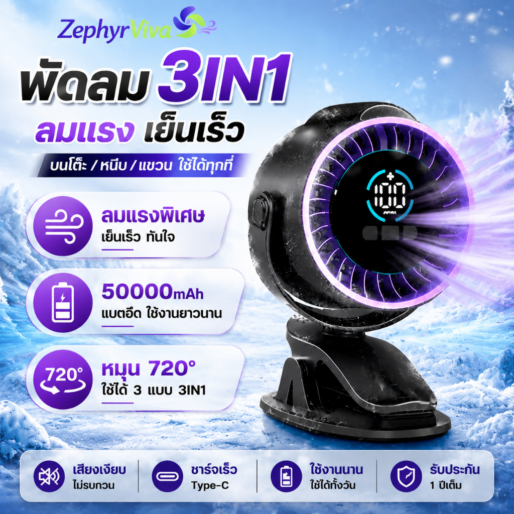 พัดลมหนีบ ลมแรง 100 ระดับ ชาร์จไฟ 60,000mAh มีไฟ พัดลมไร้สาย พัดลมตั้งโต๊ะ พัดลมตั้งโต๊ะแบบคลิป พัดลมพกพา