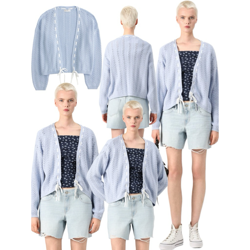 (ของแท้💯) Hollister textured knitted balloon sleeve cardigan คาดิแกนสีฟ้า แต่งดีเทลเชือกสีขาว