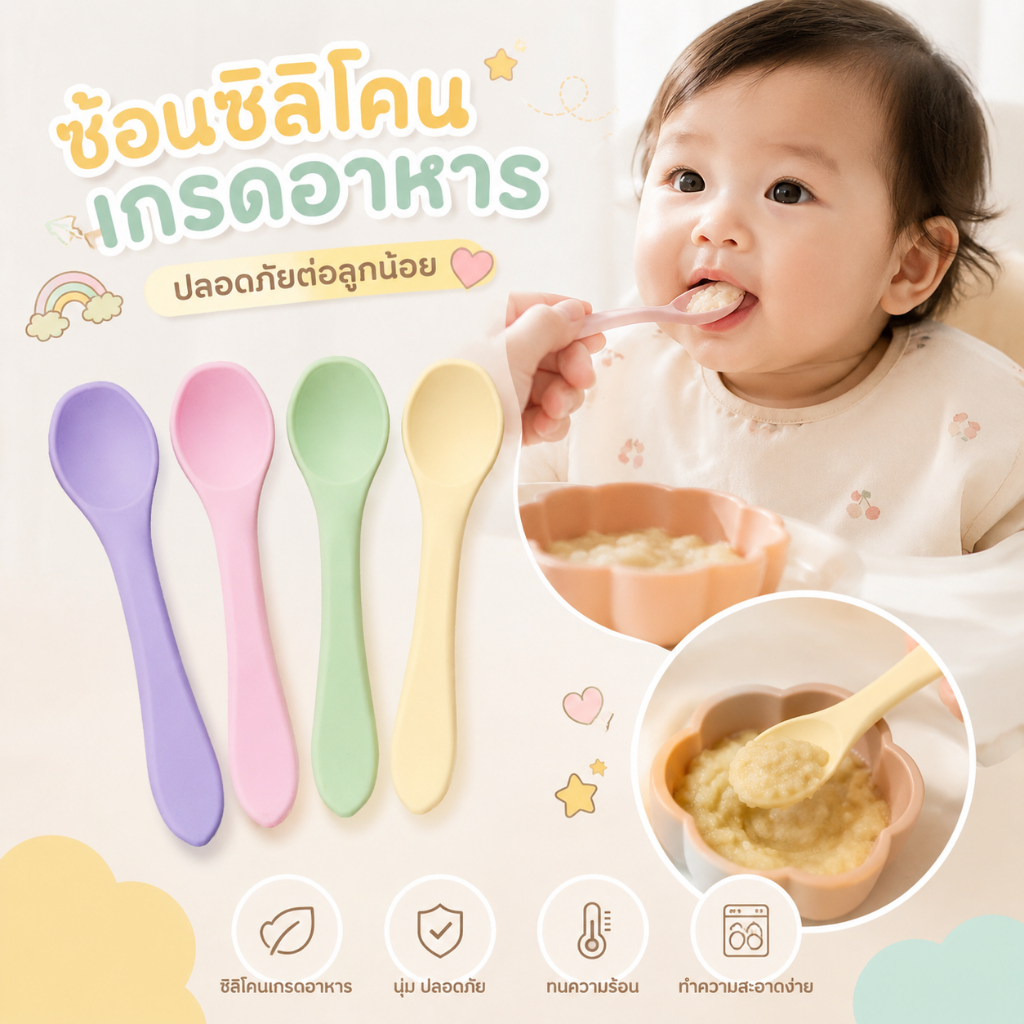 ช้อนซิลิโคน ปลายนิ่มมาก ป้อนอาหารเด็ก ไม่บาดเหงือกและฟันของลูกน้อย