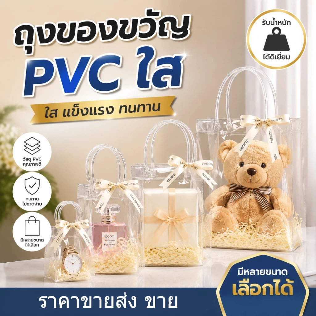 ถุงของขวัญ ใส PVC มีหูหิ้วปุ่ม กันน้ำ แพ็คสินค้า ของขวัญ งานอีเวนต์ มีหลายขนาด