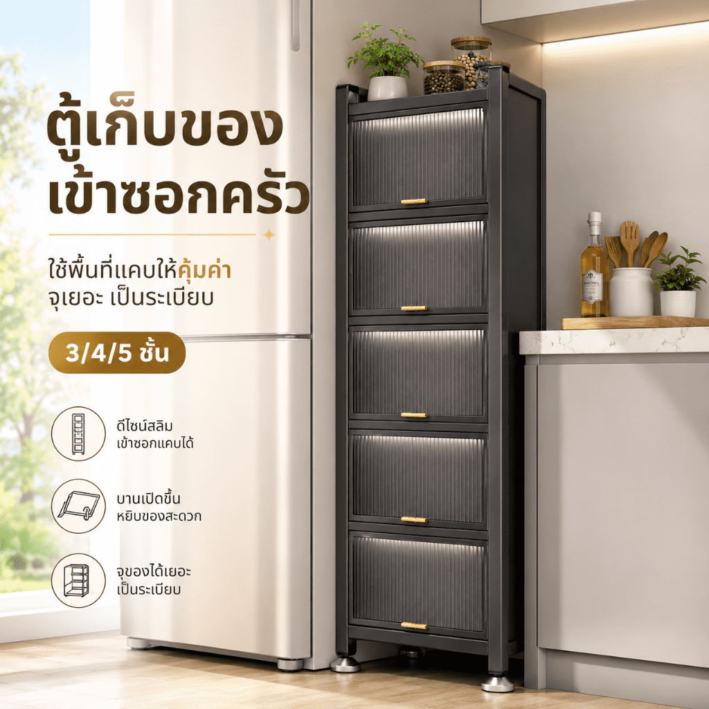 MMM ตู้เก็บของสล็อตแคบมัลติฟังก์ชั่น การออกแบบแบบพลิก ตู้เก็บพลาสติกสล็อตแคบ ประหยั ตู้กับข้าว มีชั้นป้องกันสนิม
