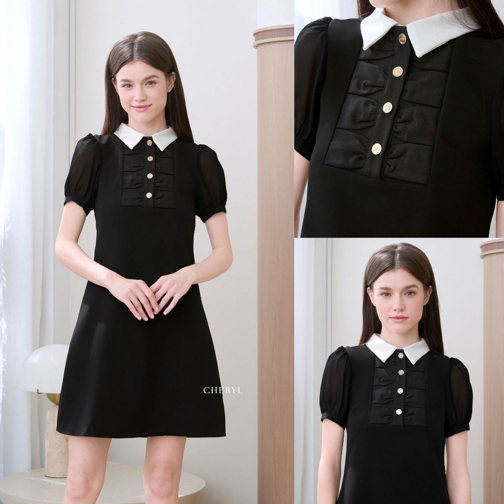 Cheryl brand - Moana Contrast Collar Dress in Black with Chiffon Sleeves / เดรสทรงเอสีดำ ปกขาวแขนชีฟอง