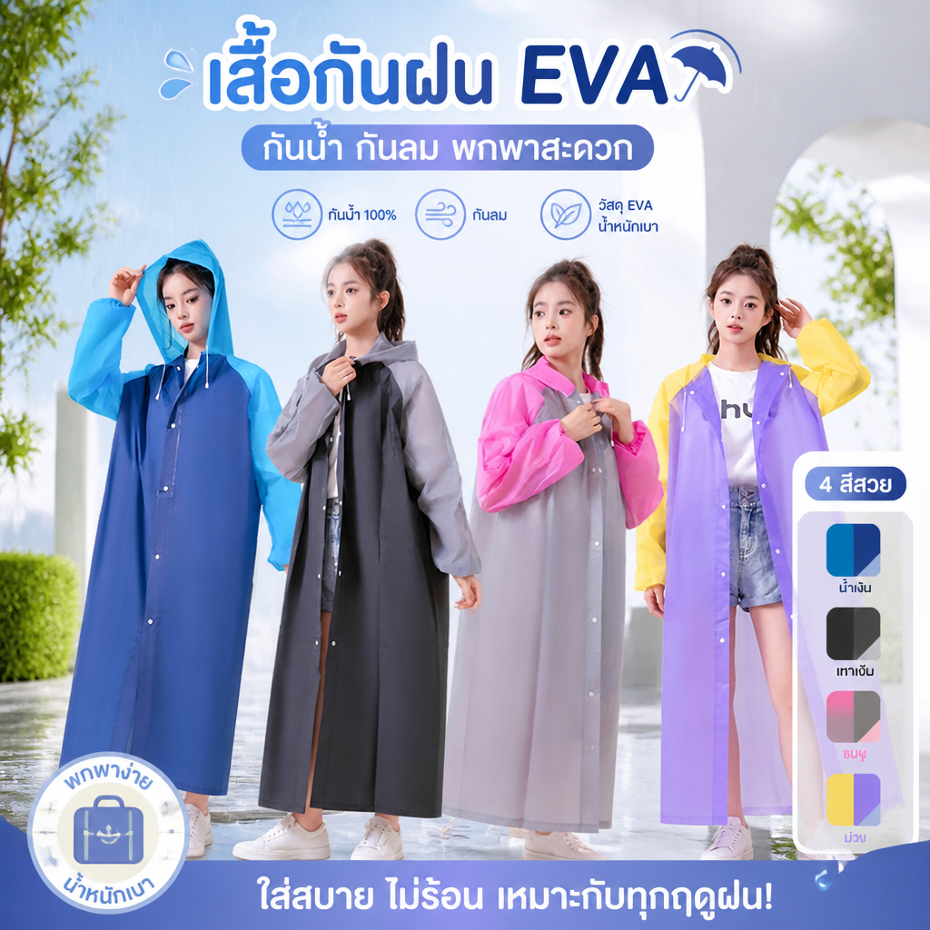เสื้อกันฝน EVA หนา แฟชั่นสีตัดกัน ใช้ได้ทั้งชายหญิง เหมาะสำหรับการเดินป่า ท่องเที่ยว Rain Coats