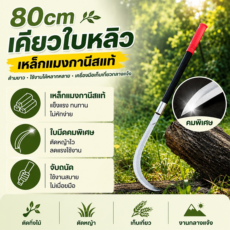 เคียวตัดหญ้า ด้ามยาว เคียวขนาดใหญ่ เหล็กแมงกานีส ใบมีดคม สำหรับตัดหญ้า ตัดกล้วย งานเกษตร กลางแจ้ง