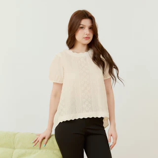 Glucoat | [A615/A822] เสื้อแขนสั้น คอกลมแต่งหยัก แต่งลายเทปฉลุ หน้าสั้นหลังยาว ด้านหลังเป็นสม็อก
