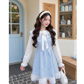 (มี3XL) Maria Diamond สีฟ้า Baby Blue Dress เดรสสั้นผ้าคอตตอนแขนยาวตัดต่อแขนชีฟอง แต่งโบว์หน้า ซิปหลัง มีซับใน