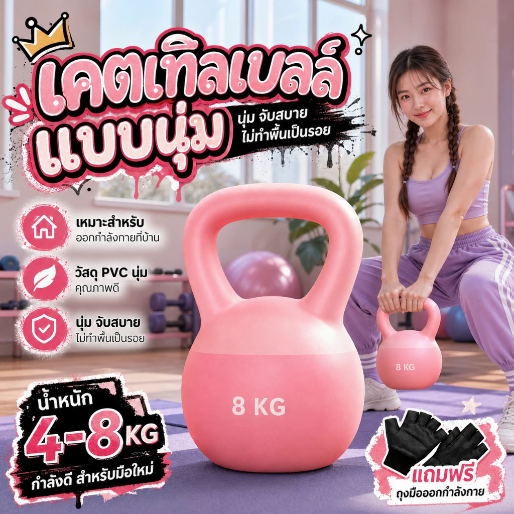 เคตเทิลเบลล์ นุ่ม 2/4/6/8/10 กก. 🎁แถมถุงมือฟรี! ยกง่าย ลดไขมัน เหมาะมือ (ดัมเบลหูหิ้ว Kettlebell)