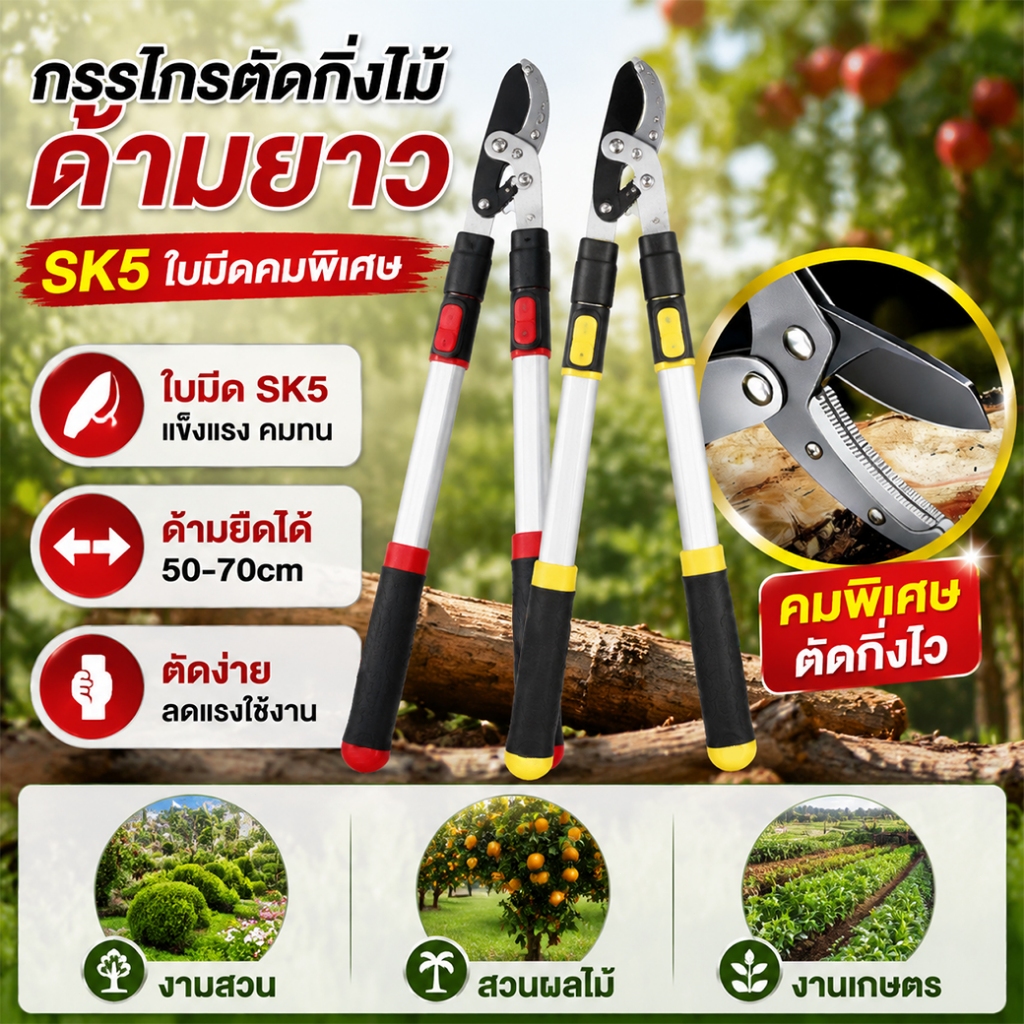 กรรไกรตัดแต่งกิ่งด้ามยาว ปรับความยาวได้ตั้งแต่ 50 ถึง 70 เซนติเมตร ใบมีดเหล็ก SK5 คมกริบ เหมาะสำหรับตัดแต่งกิ่งสูง ออกแบ