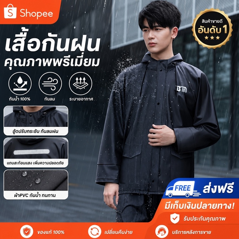 ชุดเสื้อกันฝนผ้าสานหนา ประกอบด้วยเสื้อและกางเกง มีแถบสะท้อนแสงเพื่อความปลอดภัย ทนต่อการซึมผ่านของน้ำฝนได้ดี เหมาะสำหรับข