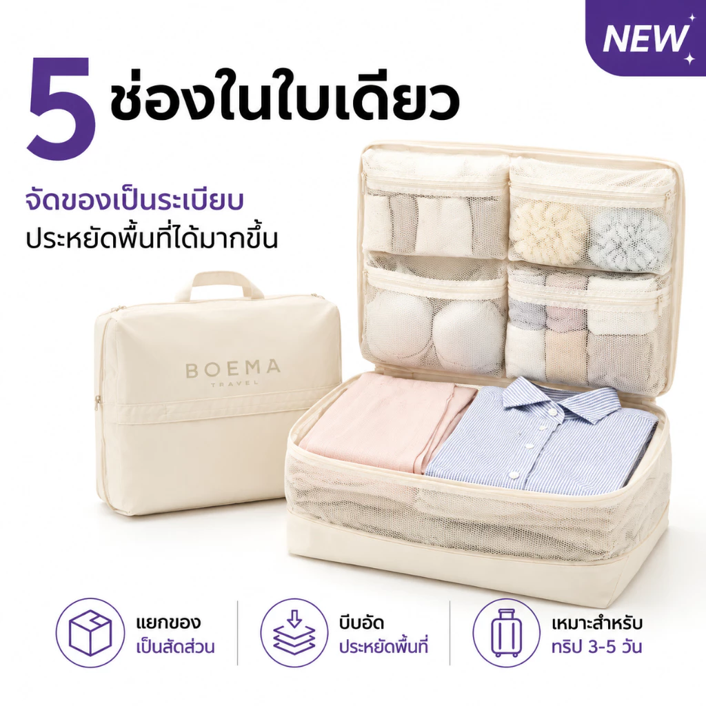 BOEMA 5-in-1 Compression Packing Cube Travel Organizer Large Capacity Luggage Storage Bag Space Saving