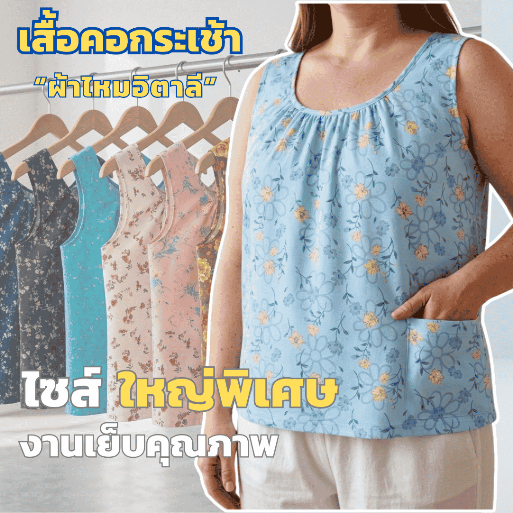 เสื้อคอกระเช้าลายดอก สาวอวบ อก 46 - 58 นิ้ว เสื้อใส่อยู่บ้าน ผ้าไหมอิตาลี คอกระเช้าผ้านิ่มใส่สบายมาก ชุดนอนผู้หญิง