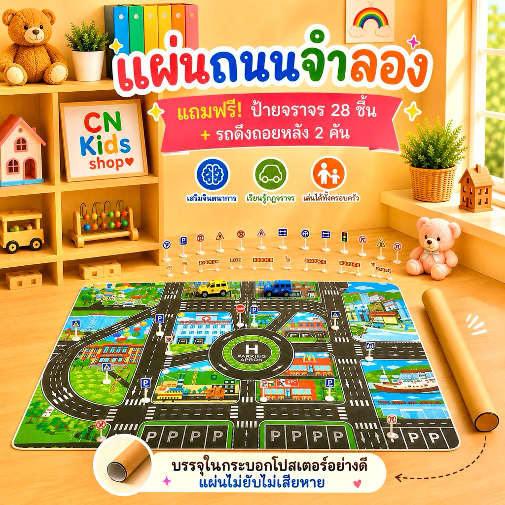 ร้านเดียวที่ใส่กระบอก แผ่นไม่ยับ100% ถนนจำลอง ฟรีป้ายจราจร+รถถอยหลังวิ่งได้ 2คัน