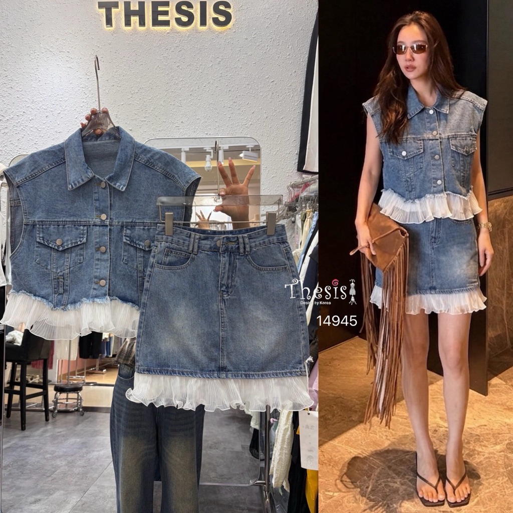 🌈🌿🌺🌸🌼💙🤍🇰🇷 Jeans Sleeveless Rim Pleat Shirt&Jeans Rim Pleat Short Skirt Set