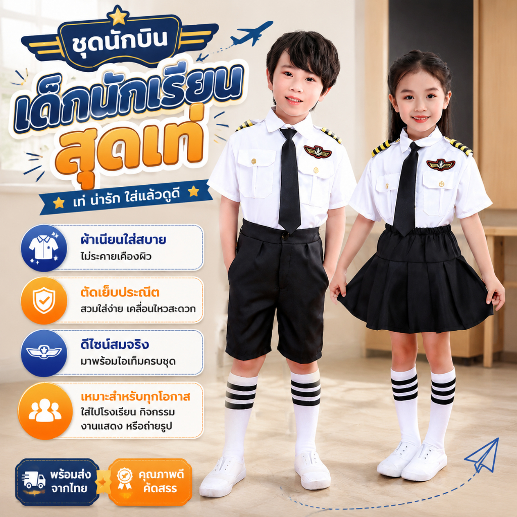 ชุดกัปตันเด็ก ชุดนักบินพาณิชย์ ชุดนักบินเด็กชาย ชุดคอสเพลย์เด็ก ชุดอาชีพเด็ก เครื่องแบบนักบิน พร้อมส่งจากไทย