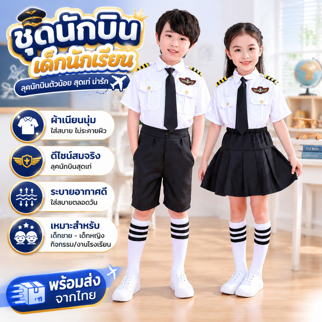 ส่งไวจากไทย ชุดกัปตันเด็ก ชุดนักบินเด็กผู้ชาย ชุดเล่นบทบาทอาชีพ ชุดแฟนซีเด็ก ใส่ถ่ายรูป งานโรงเรียน ปาร์ตี้