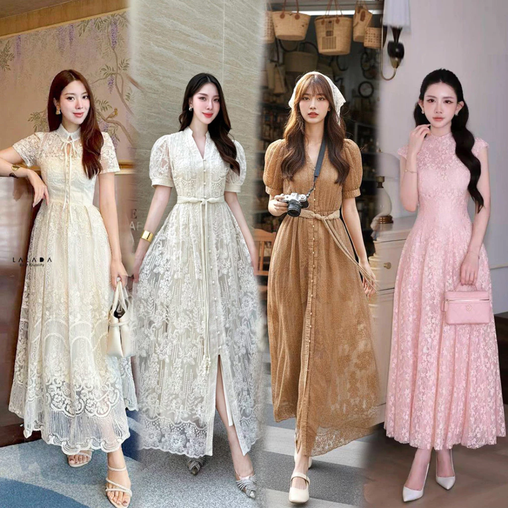 S-XXL ชุดเดรสลูกไม้โทนสีครีม ขาว เบจ ชมพู ดำ น้ำตาล ฟ้า ใส่ออกงาน ทำบุญ ไปวัด งานแต่ง งานบวช #Lalabelle #Loveshop