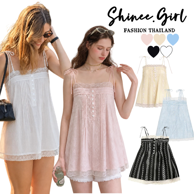 SHG พร้อมส่ง🌹เสื้อสายเดี่ยว🌹ผูกไหล่ตีเกล็ดหน้าหัวใจ เนื้อผ้านูนมิติขอบลูกไม้พลิ้ว แต่งชายระบายเซ็กซี่ ใส่ปังสองเทศกาล