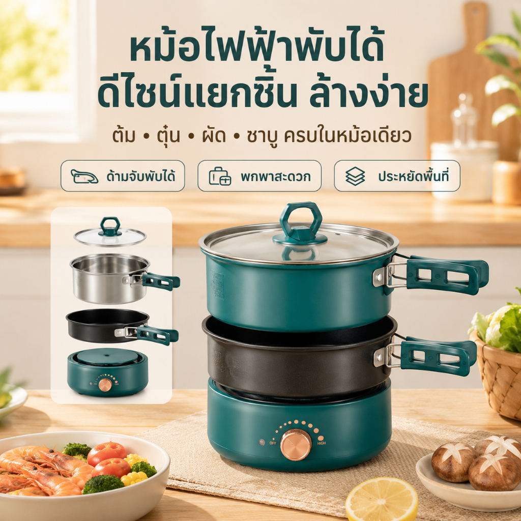 หม้อไฟฟ้าอเนกประสงค์ พับได้ แยกชิ้นส่วน พกพาสะดวก สำหรับหอพัก/เดินทาง ต้ม นึ่ง ผัด ทอด ครบจบในหม้อเดียว เคลือบกันติด ควา