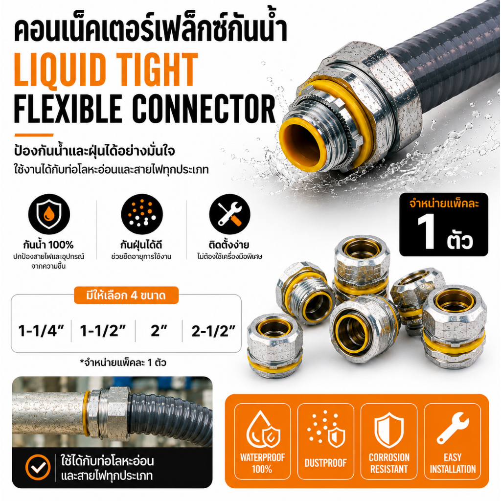 คอนเน็คเตอร์เฟล็กซ์กันน้ำ Liquid Tight Flexible Connector 1-1/2" 1-1/4" 2" 2-1/2" แพ็คละ 1 ตัว