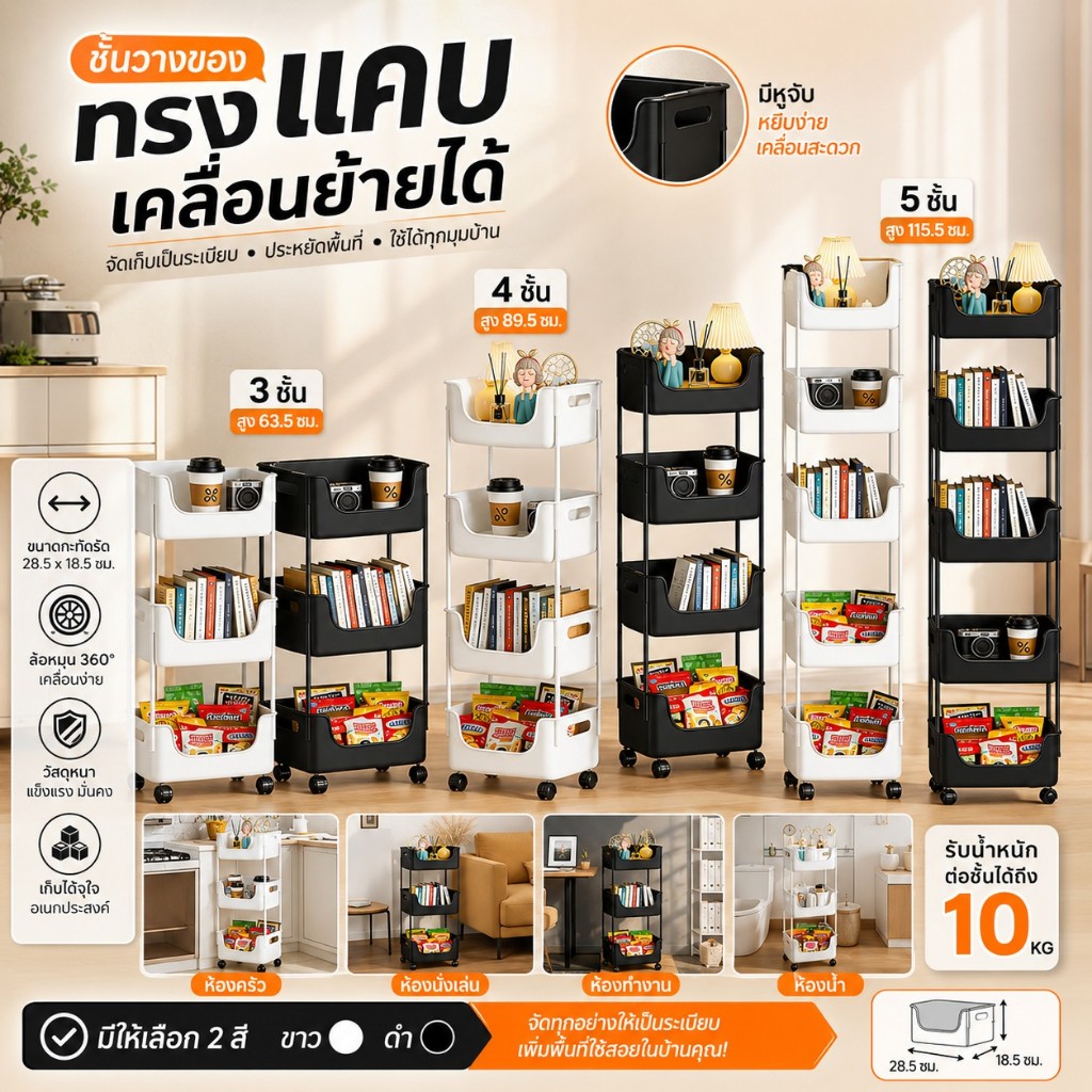 ชั้นวางของทรงตะกร้ามีล้อ 3/4/5 ชั้น หยิบของง่าย ประหยัดพื้นที่ สำหรับครัวและห้องน้ำ Aroma.Home