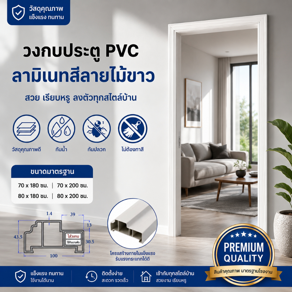 วงกบประตู PVC TOP เคลือบลายไม้ขาว สำหรับประตูห้องนอน ห้องน้ำ ขนาด 70x180, 70x200 และ 80x200 cm.