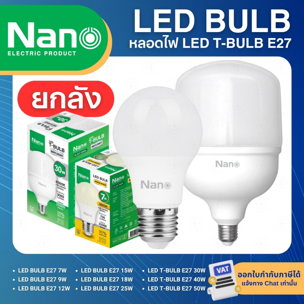 (ยกลัง) NANO หลอดไฟ LED BULB และ T-BLUB ขั้ว E27 7W 9W 12W 15W 18W 25W 30W 40W 50W หลอดประหยัดไฟ