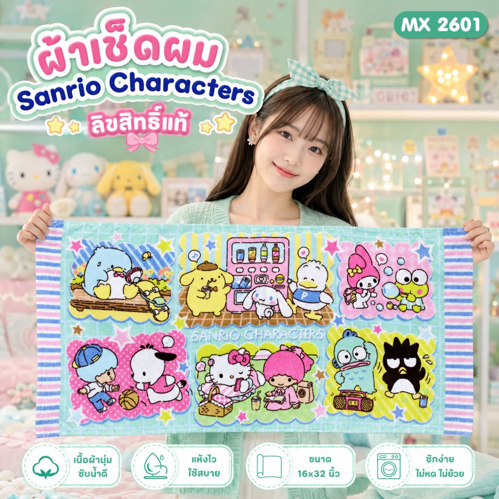 "ของแท้ 100%" ผ้าขนหนู SANRIO MIX CHARACTERS MX-2601ขนาด 16x32 นิ้ว(เช็ดผม)