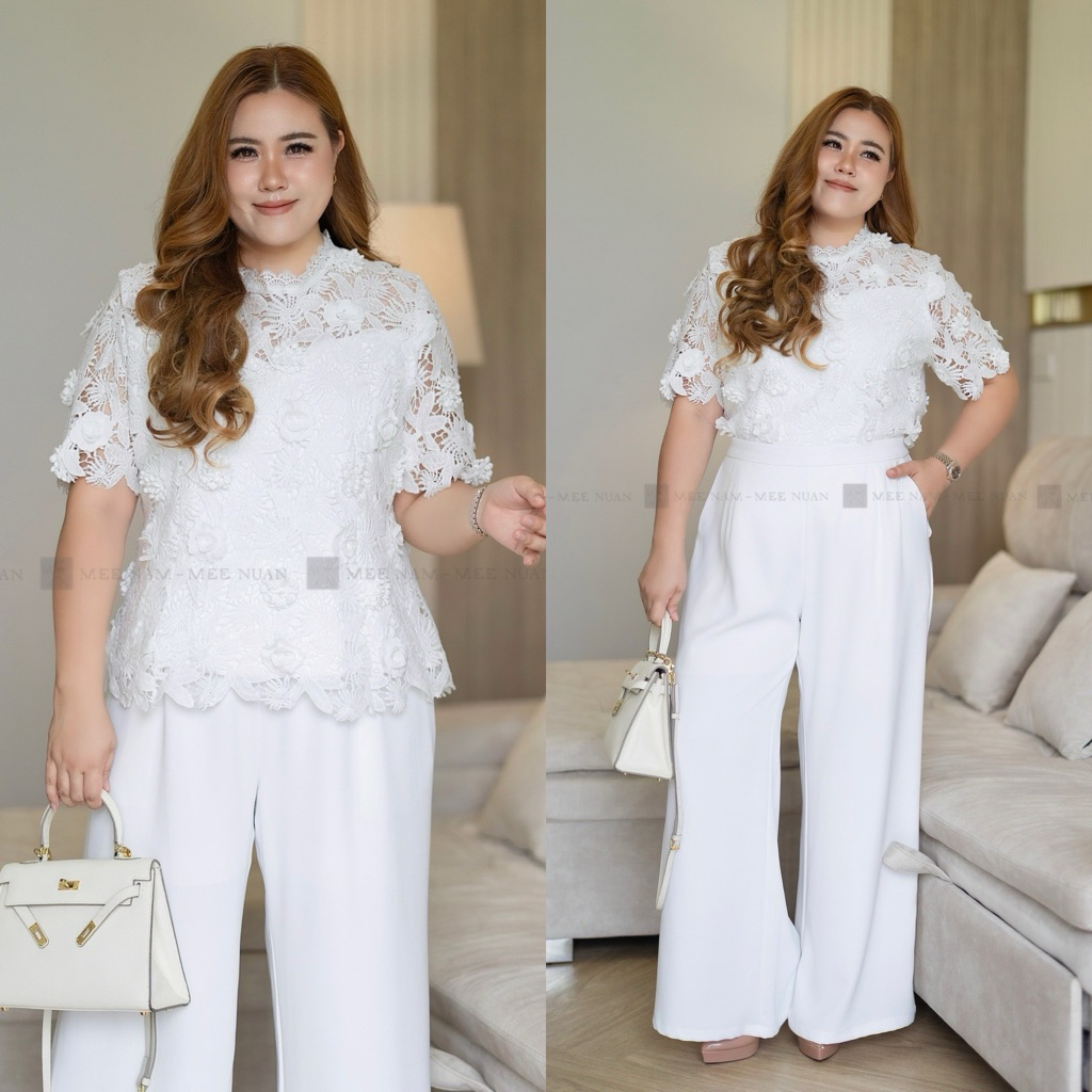 ST263เซตลูกไม้ขาวแขนสั้นเสื้อผ้าพลัสไซส์ Plussize Fashion ชุดคนอ้วน แฟชั่นสาวอวบ