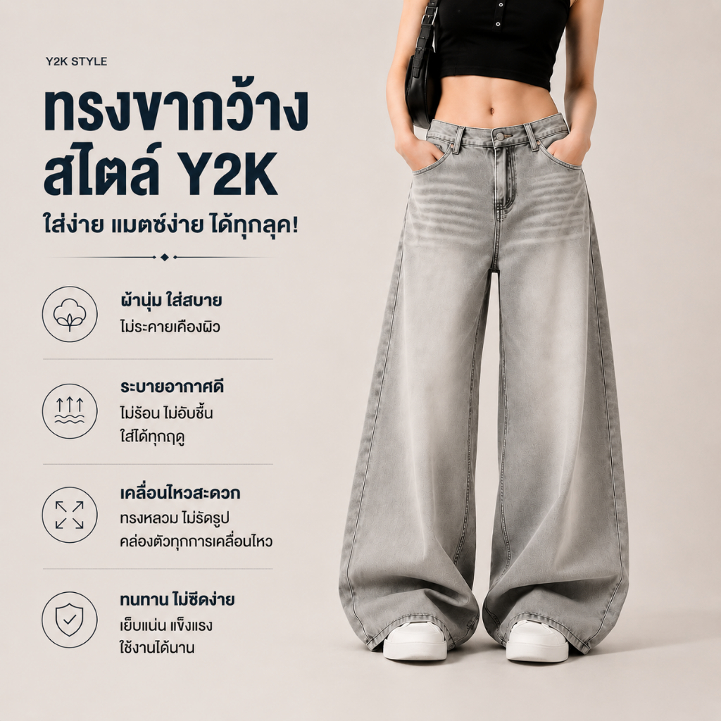 กางเกงยีนส์ขากว้างเอวสูง ทรงหลวม สไตล์วินเทจ ใส่สบาย ผ้ายีนส์นิ่ม พรางหุ่น ขายาวแฟชั่นผู้หญิง