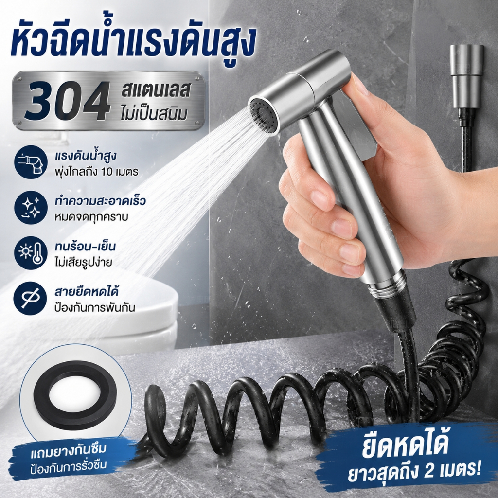 หัวฉีดชักโครกแรงดันสูง 304 สแตนเลส สายสปริงยืดหด 2 ม. กันรั่ว ทนร้อนทนเย็น ติดตั้งง่าย เหมาะล้างรถ ฉีดไกลสูงสุด 10 ม.