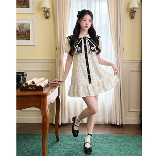 (มี3XL) สีครีมดำ White Malt Dress เดรสทรงปล่อยผ้าคอตตอนพิมพ์ลาย ปกสองชั้นงานปัก แต่งกระดุมหน้า ซิปหลัง มีซับใน