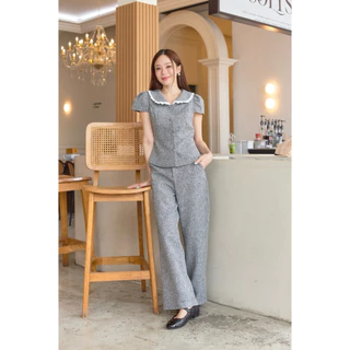 ร210 Grace Tweed ผ้าทวิตนุ่มสวยมาก เทาสีเดิม/ครีม สีใหม่ Set 2pcs. เสื้อคอบัวปกแต่งขอบลูกไม้ แขนสั้น