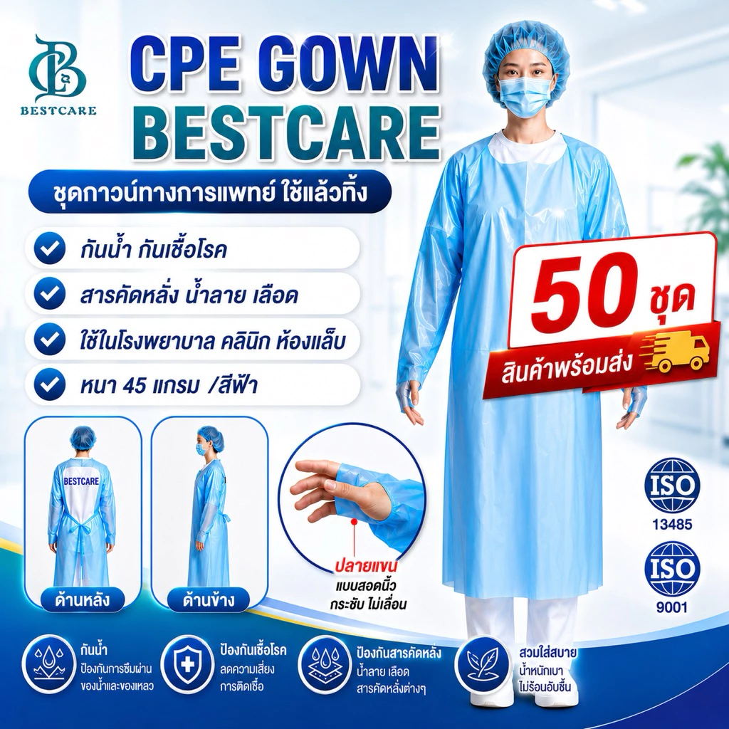 ✔️ส่งไวปานจรวด✔️CPE BESTCARE 50ชุด ราคาโรงงาน เกรด รพ ชุดกาวน์ กันน้ำ กันสารคัดหลั่ง หนา เหนียวเกรด รพ