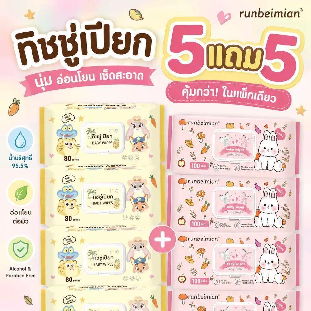 [5แถม5 ห่อ] ทิชชู่เปียกจัมโบ้ ทิชชู่เปียกลาย หมี 1ห่อมี 100 แผ่น (18*20cm) ทิชชู่เปียกห่อใหญ่ เหนียว นุ่ม ไม่มีแอลกอฮอล์