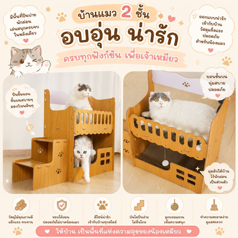 ปราสาทแมว ที่ลับเล็บแมว ห้องใต้หลังคา บ้านลับเล็บแมว ที่ลับเล็บแมว บ้านแมว บ้านแมวไม้ 2 ชั้น