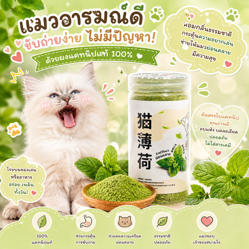 ผงcatnipแบบขวด50ml. ผงแคทนิปแมว 50ml แคทนิปแท้ สำหรับโรยของเล่นแมว ขนมแมว ช่วยขับก้อนขน ลดเครียด เพิ่มความอยากเล่น