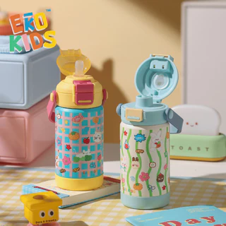 EKOKIDS รุ่นฝา 2 ชั้น ขวดน้ำสแตนเลส 304 เคลือบเซรามิก ขนาด 360ml/12oz ขวดน้ำสำหรับเด็ก มีหลอดดูด