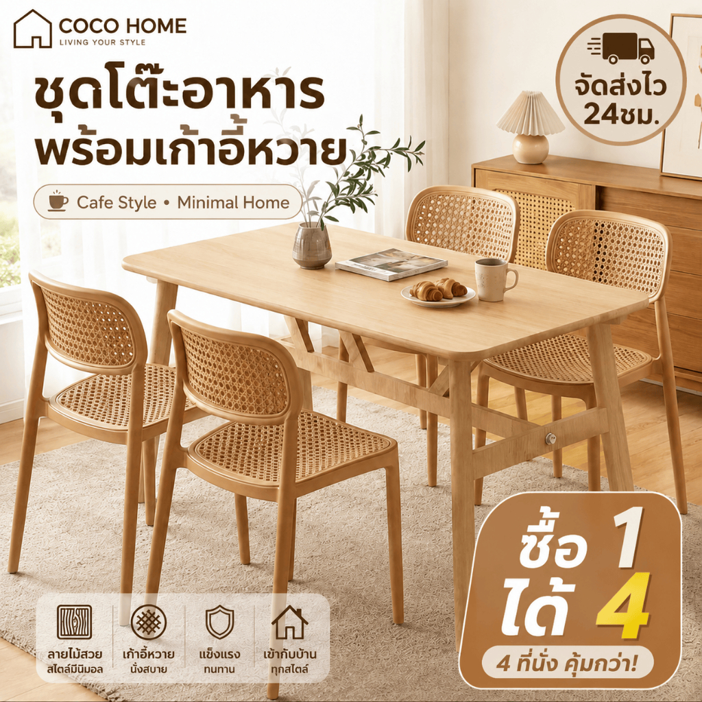 ชุดโต๊ะอาหาร 4 ที่นั่ง โต๊ะกินข้าวพร้อมเก้าอี้ เก้าอี้สานสไตล์มินิมอล โต๊ะไม้สำหรับบ้านและร้านคาเฟ่