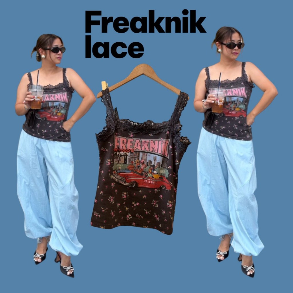 สายเดี่ยวผ้าลายดอก freaknikสกีนลาย ดีเทลสายลูกไม้