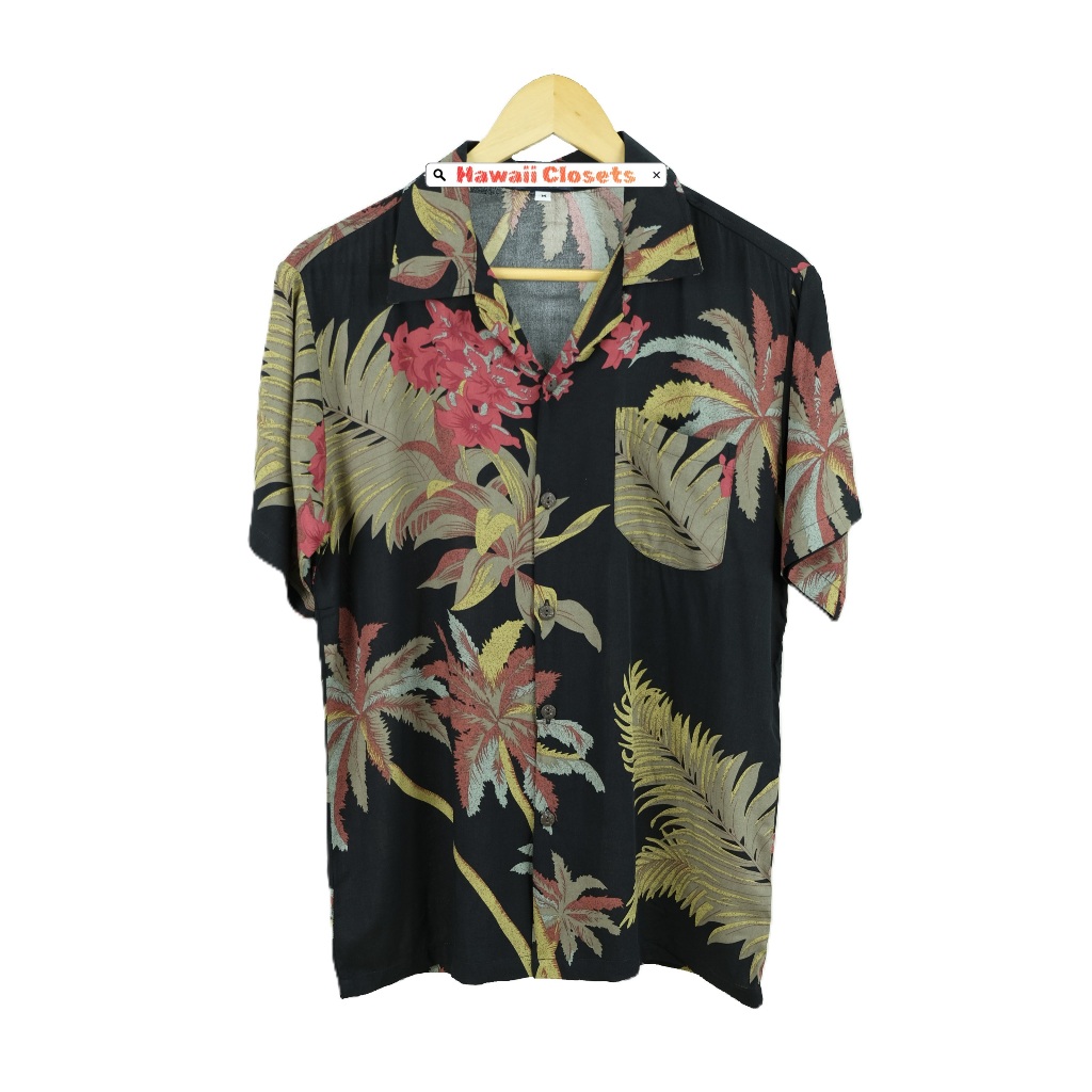 Hawaii Closets เสื้อฮาวาย ผ้าเรยอน ลายมะพร้าวพื้นดำ (R33)