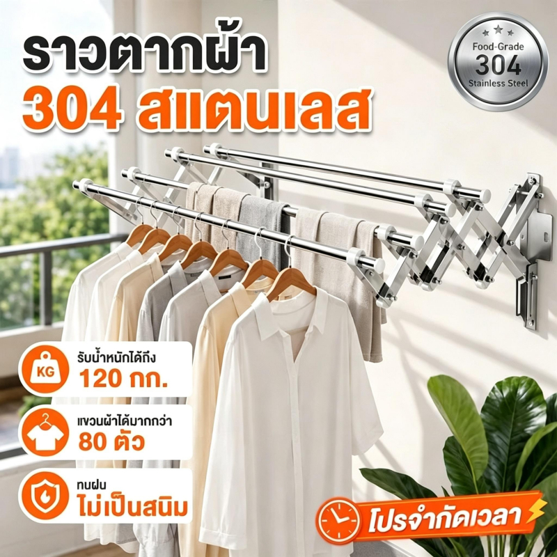 ราวตากผ้าติดผนัง สแตนเลส304 ราวตากผ้า แขวนเสื้อผ้าได้มากกว่า 80 ตัว โดนน้ำโดยไม่เป็นสนิม