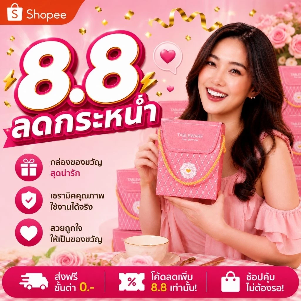 ชุดถ้วยเซรามิคแถมช้อน กล่องสีชมพู (ถ้วยคละลาย)เหมาะสำหรับทำของชำร่วยงานแต่งงานบุญ