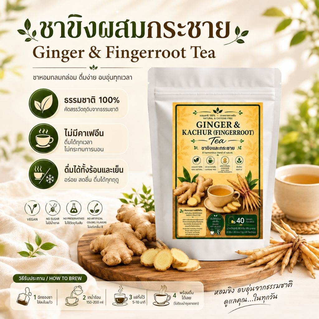 ชาขิงและกระชายขาว 12 ซองชา ได้ร้อนและเย็น ธรรมชาติแท้ 100% สินค้าออร์แกนิก ชาสมุนไพรสูตรหอมทานง่านสรรวัตถุดิบคุณภาพ