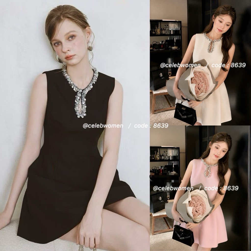 พร้อมส่ง เติม SM-XL⚡️CLW 8639 เดรสสีดำ ดีเทลคอแต่งอะไหล่ สวยหรู โดดเด่น