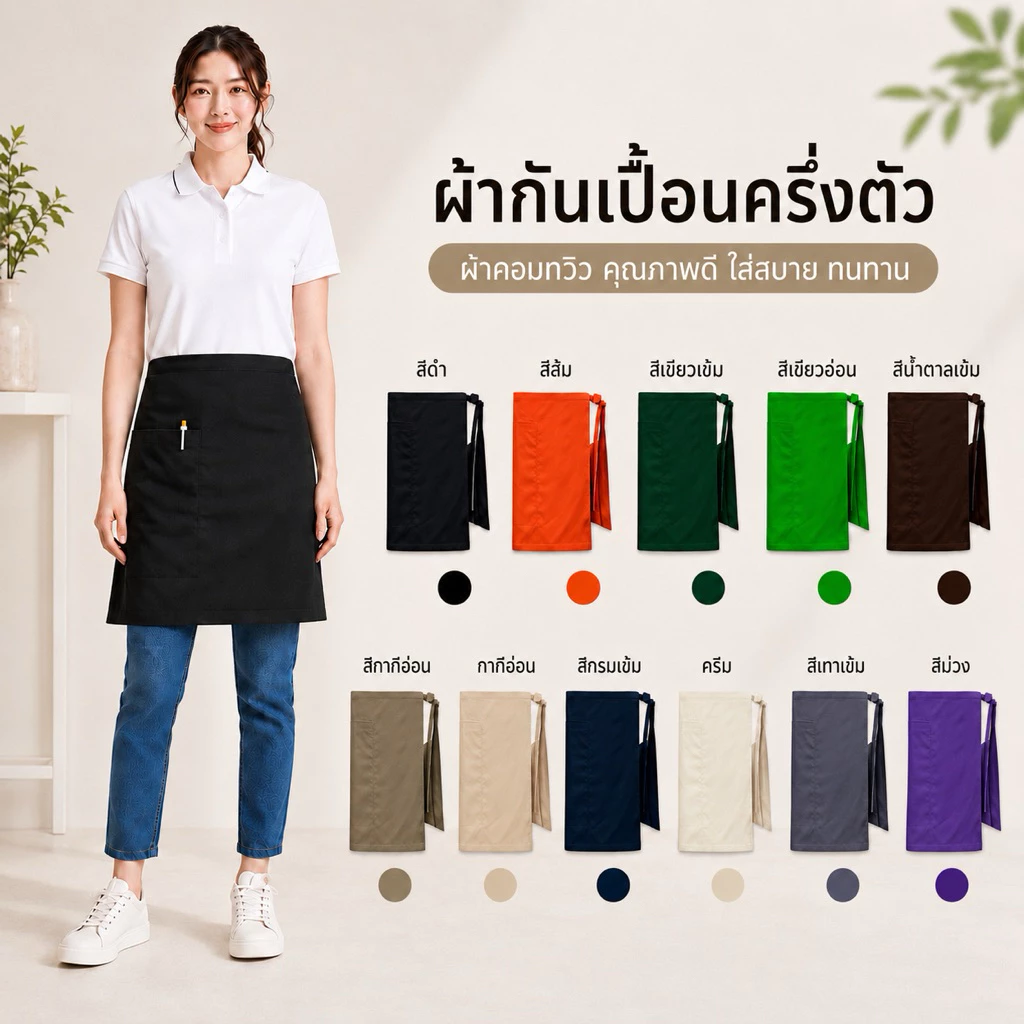 ผ้ากันเปื้อนครึ่งตัว กระเป๋าข้าง 1 ใบมีช่องเสียบปากกา #ผ้าคอมทวิว