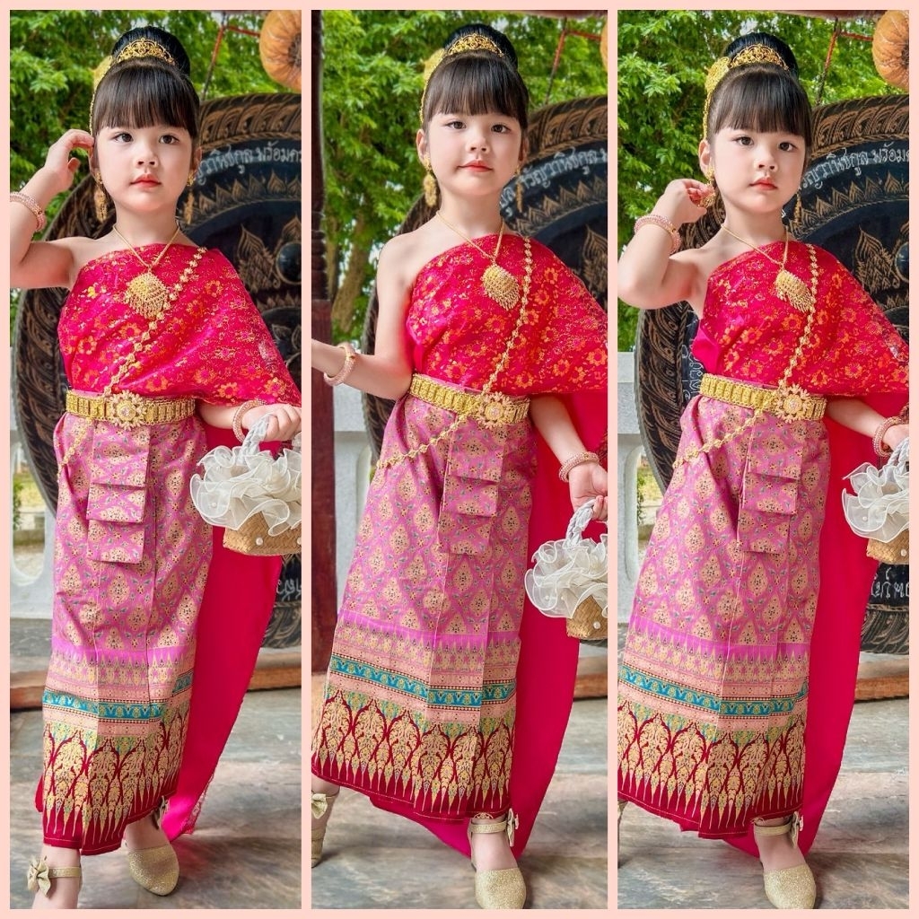 สีบานเย็นชุดไทยเด็ก3-10ปีสไบและผ้าถุงเป็นยางยืดมีให้เลือก8ขนาด ราคาไม่รวมเครื่องประดับ