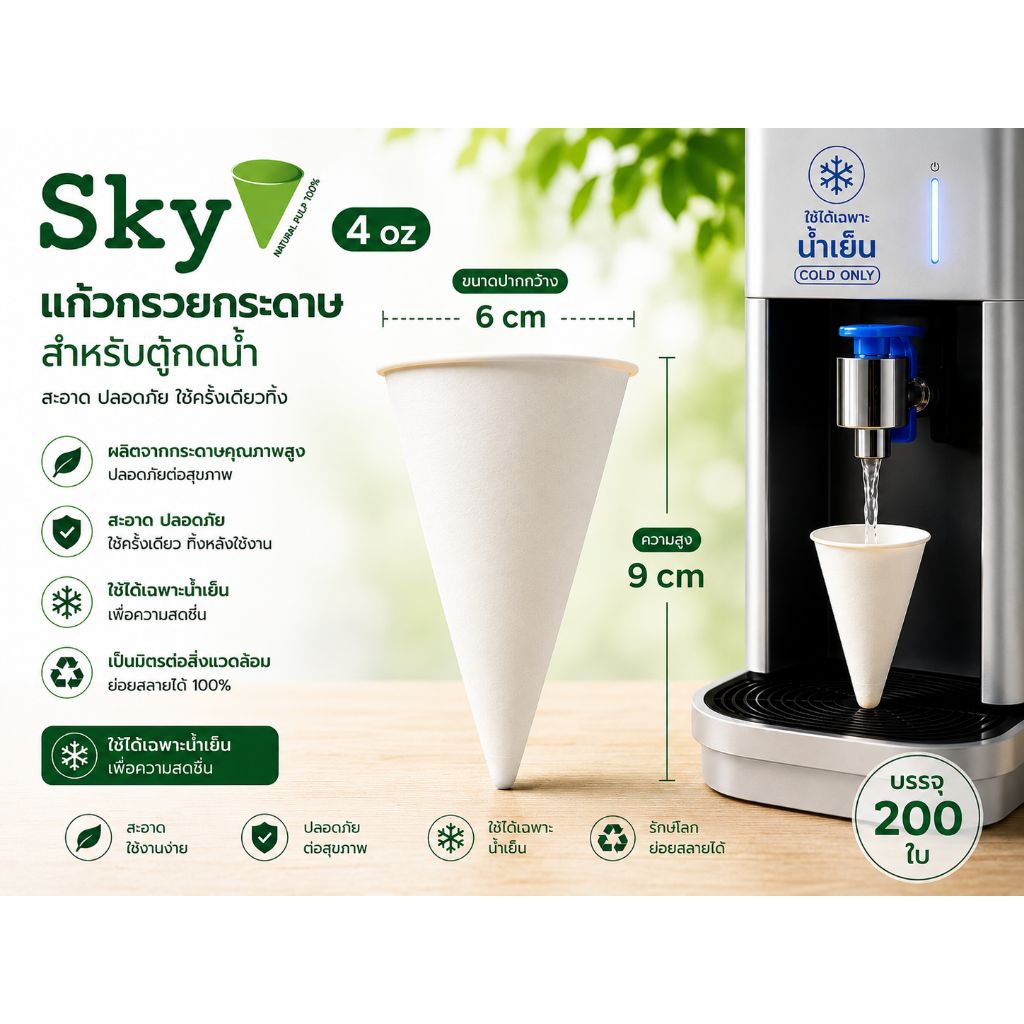 SKY แก้วกรวยกระดาษ 4 ออนซ์ มอก. | บรรจุ 200 ใบ | Food Grade ปลอดภัย ใช้กับเครื่องทำน้ำเย็น / น้ำร้อนได้ | สำหรับออฟฟิศ ร