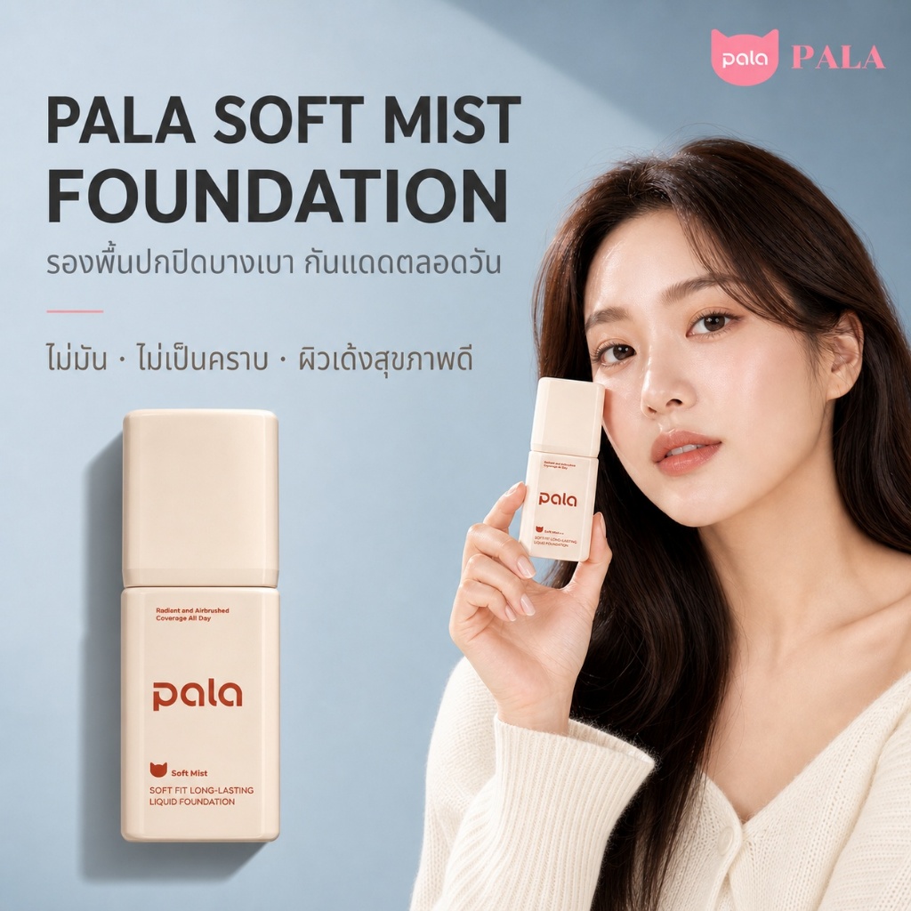 PALA Soft Mist รองพื้นล็อกการแต่งหน้า ติดทน กันเหงื่อ กันแดด SPF50+PA+++ ขนาด 30g เนื้อบางเบา กันน้ำ มีอ.ย.