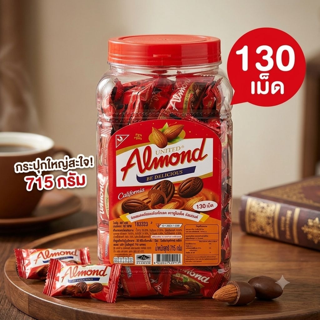 ยูไนเต็ดอัลมอนด์ ช็อกโกแลต 130 เม็ด แบบกระปุก 715 g.
