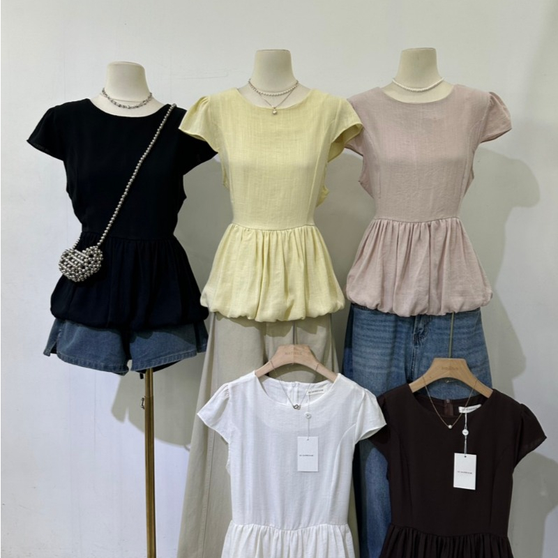 M2264 เสื้อยืดคอกลมแขนสั้นจั๊มเอวชายพองสุดคิวท์ น่ารักสไตล์ลูกคุณหนู รุ่นนี้บอกเลยว่าต้องมีติดตู้